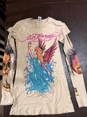 Ed Hardy Beige Long Sleeve Tee with Blue Angel and Pink Wings